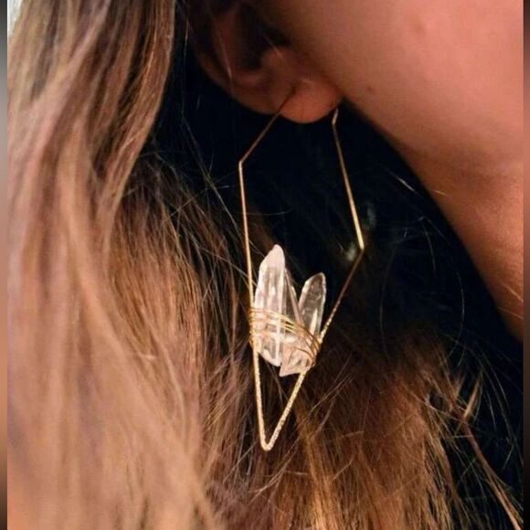 Crystal Quartz Stone Gold Geometric Triangle Hoop Statement Earrings - Picture 7 of 14